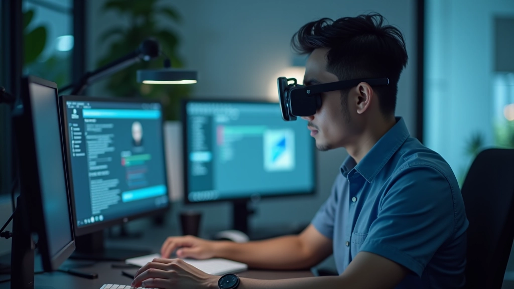 Person at desk wearing headphones, using computer with eye-tracking equipment visible, testing bilingual website interface during user research session